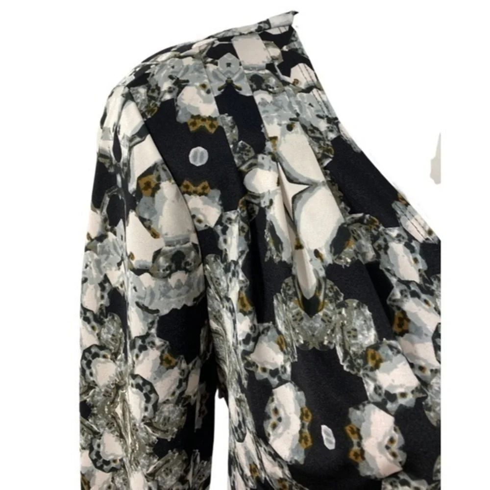 Cache black silver diamond kaleidoscope print surplice dress H19